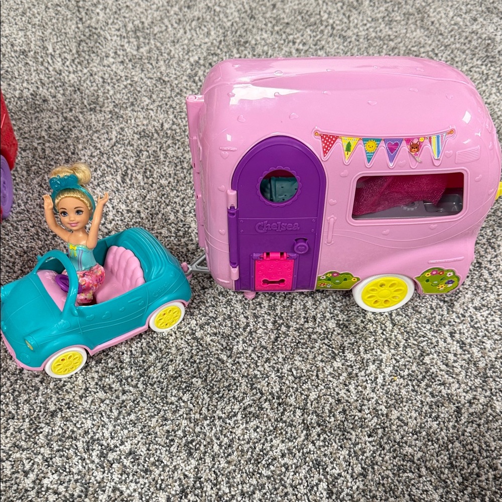 Charming Pink Camper and Blue Car Doll Set